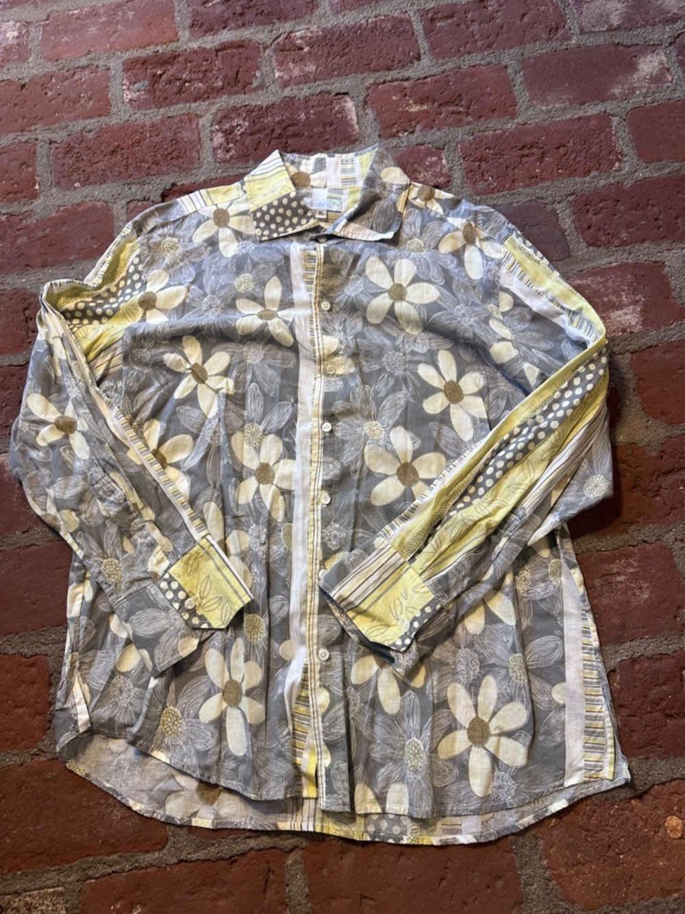 Seaplane Men's XL Floral Button-Up Shirt in Gray and Yellow  Print Boho Cotton
